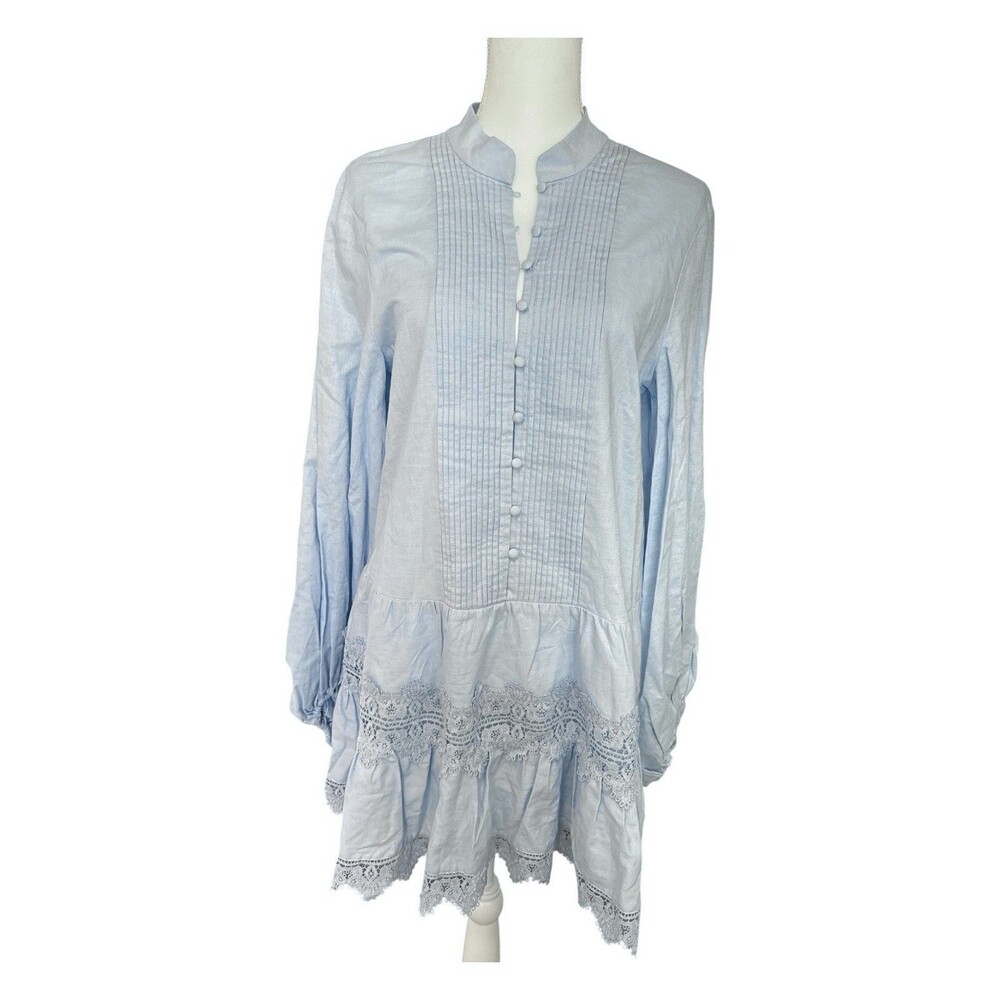 Bardot Antonia Lace Trim Mini Dress Soft Blue Cotton Linen Boho Romantic M NWT - Picture 2 of 7